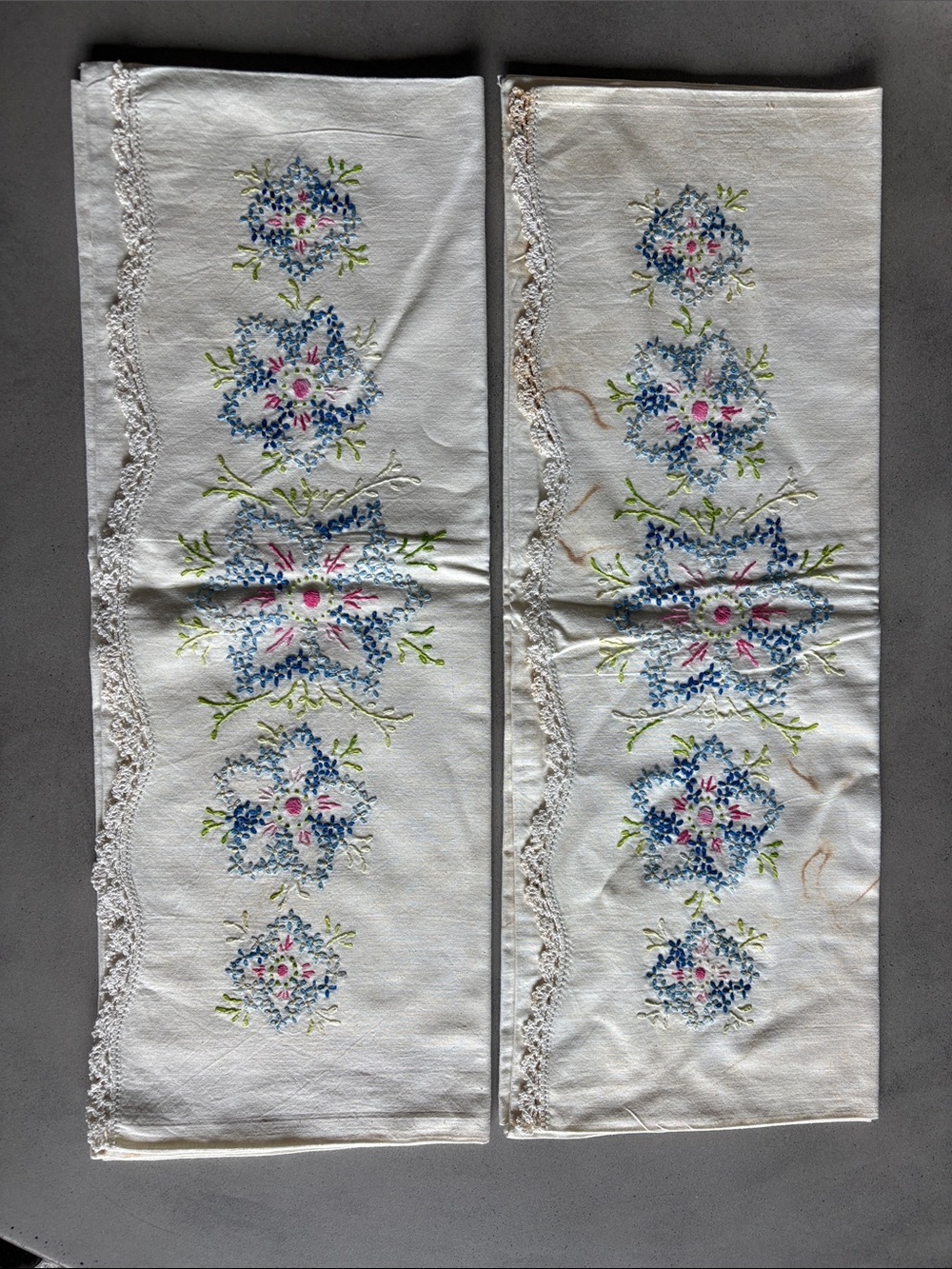 Embroidered Floral Pillowcases - Blue & Pink Flowers:Set of 2